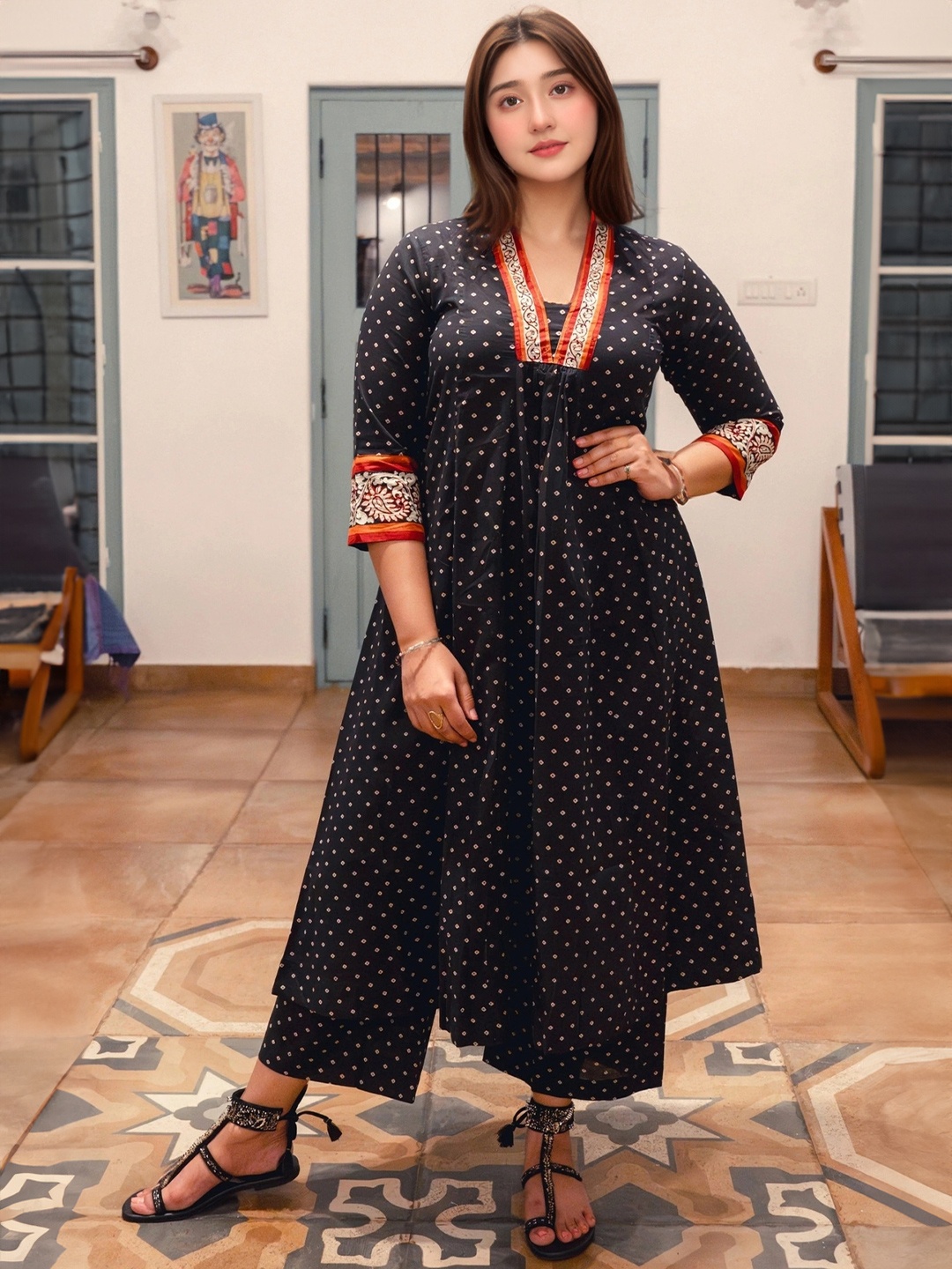 

Anni Designer Geometric Printed Pleated V-Neck Embroidered A-Line Kurta With Palazzos, Black