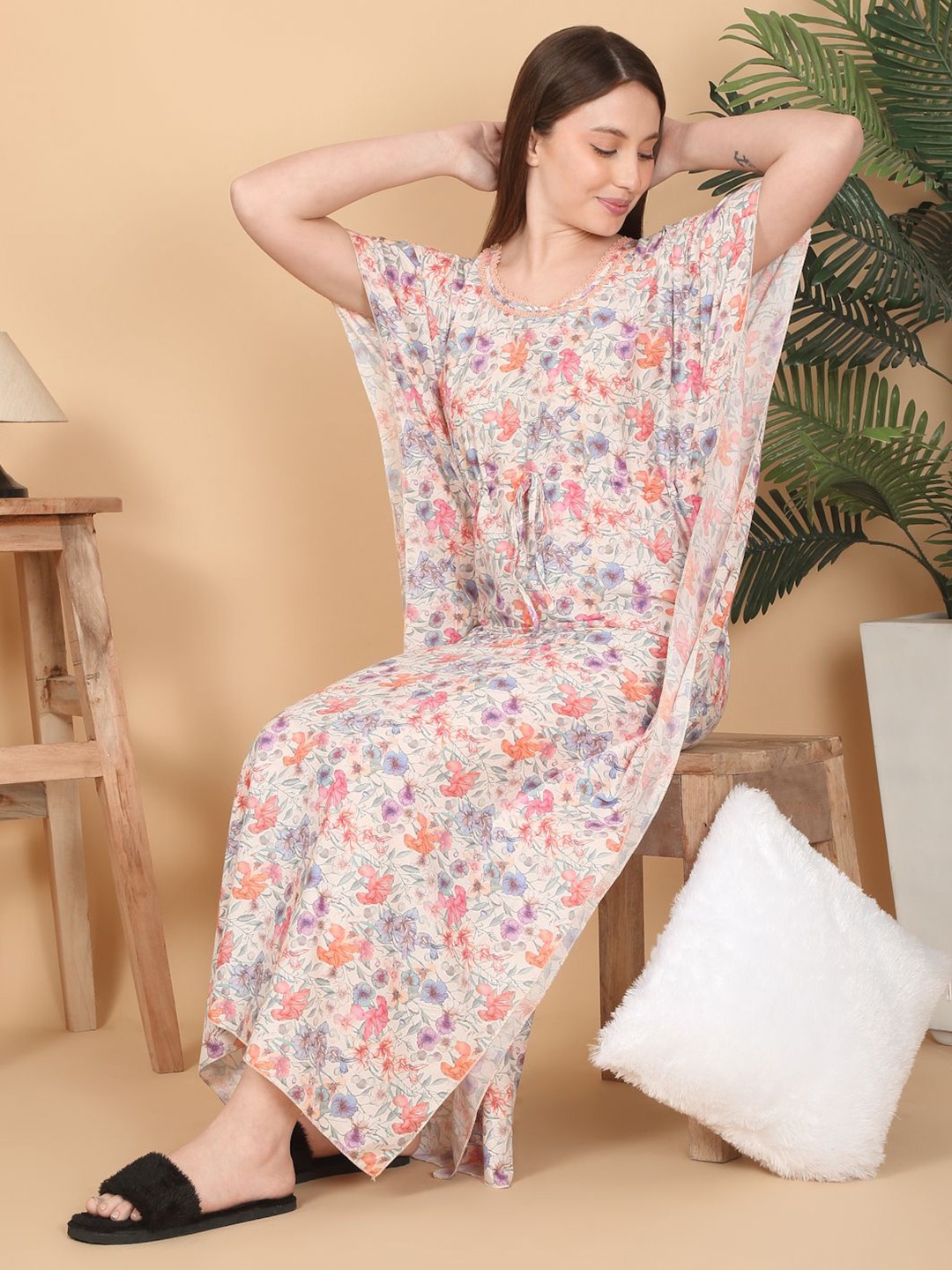 

Sweet Dreams Printed Pure Cotton Maxi Kaftan Nightdress, Peach
