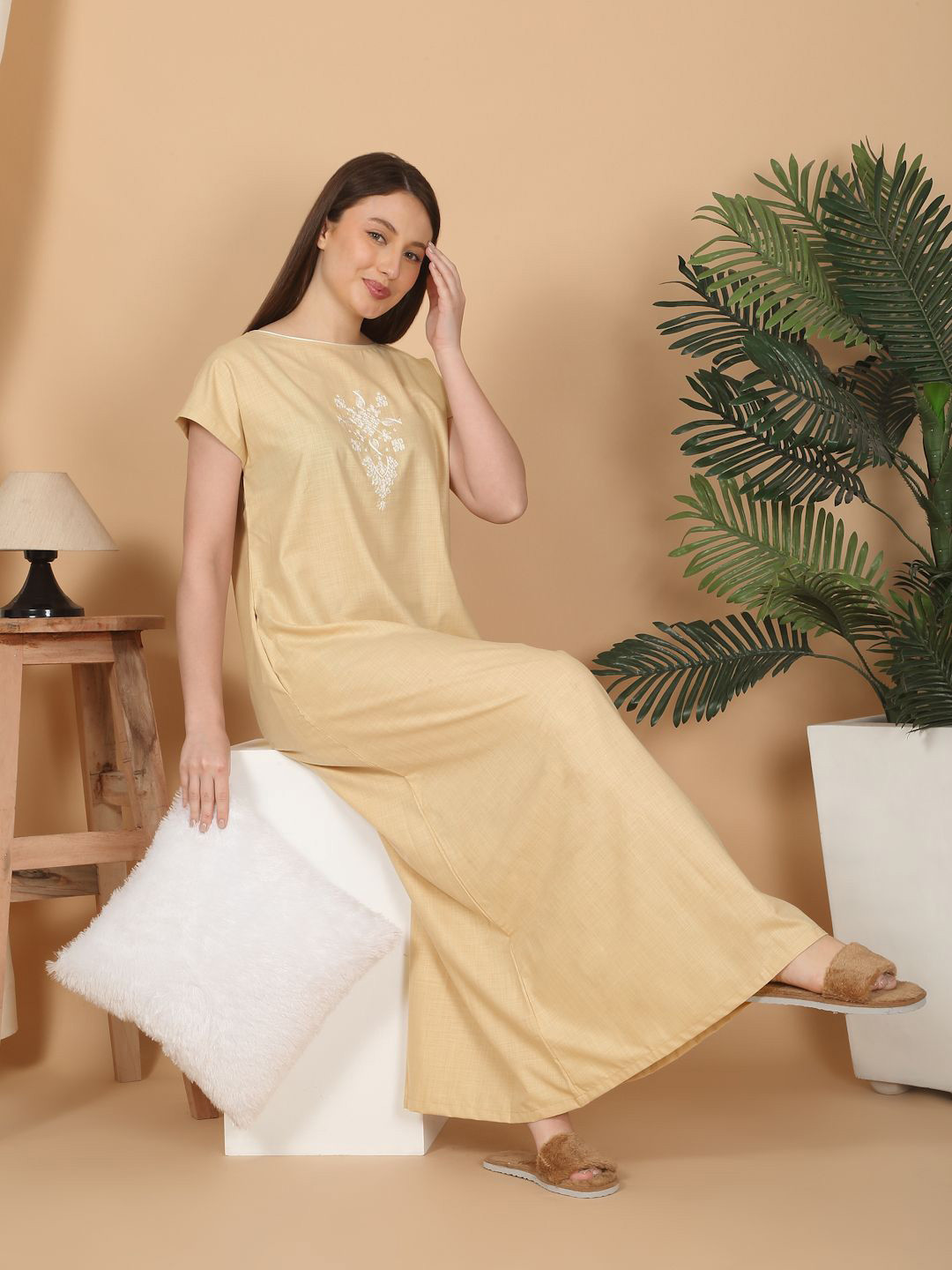 

Sweet Dreams Embroidered Pure Cotton Maxi Nightdress, Yellow