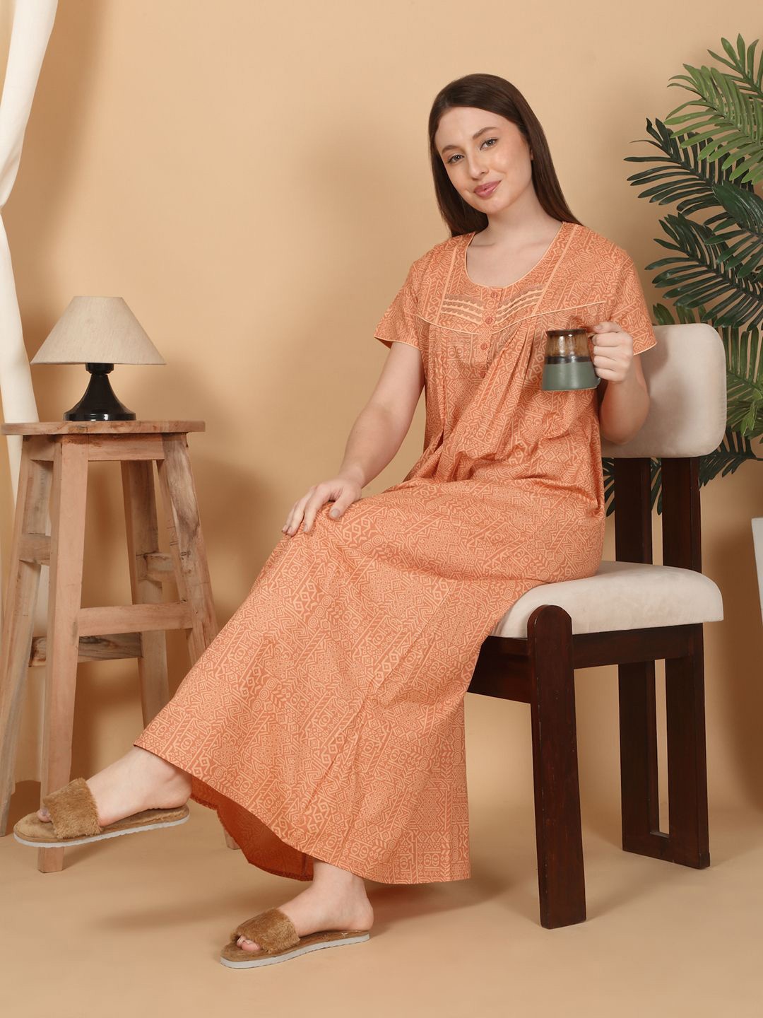 

Sweet Dreams Women Pure Cotton Printed Maxi Nightdress, Rust