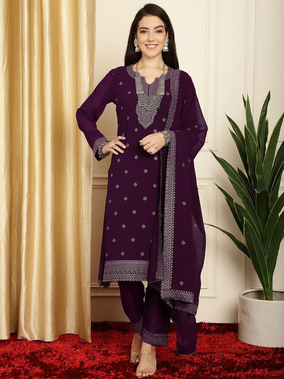 

Stylee LIFESTYLE Ethnic Motifs Embroidered Notch Neck Kurta With Trouser And Dupatta, Purple