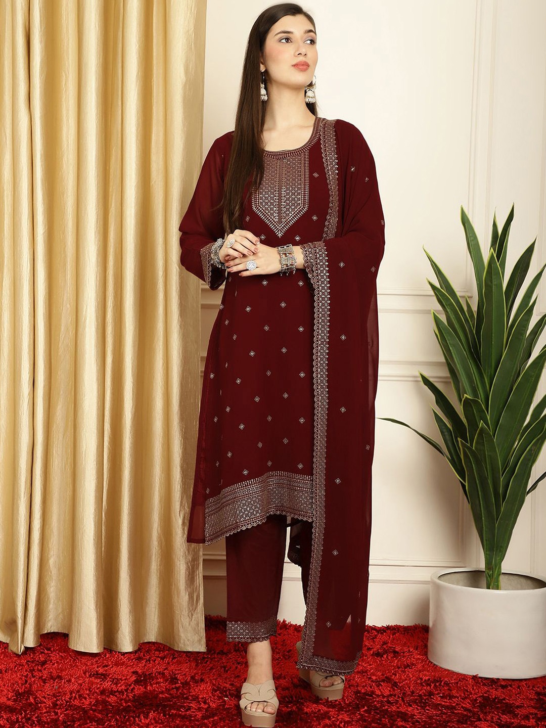 

Stylee LIFESTYLE Geometric Embroidered Round Neck Kurta With Trouser And Dupatta, Maroon