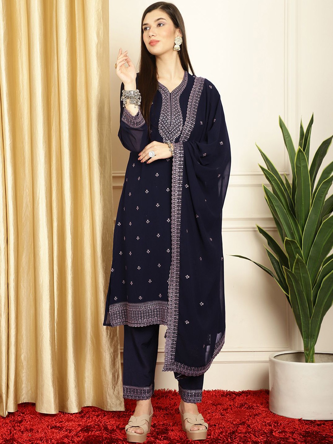 

Stylee LIFESTYLE Ethnic Motifs Embroidered V-Neck Kurta With Trouser And Dupatta, Navy blue