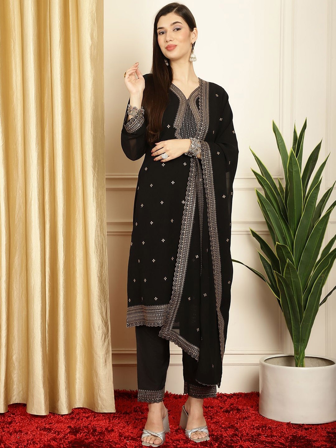 

Stylee LIFESTYLE Ethnic Motifs Embroidered V-Neck Kurta With Trouser And Dupatta, Black