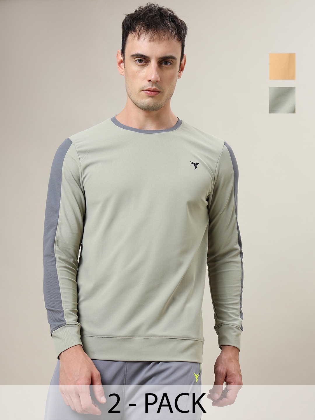 

Technosport Men Pack of 2 Colourblocked Antimicrobial Slim Fit Casual T-shirt, Green