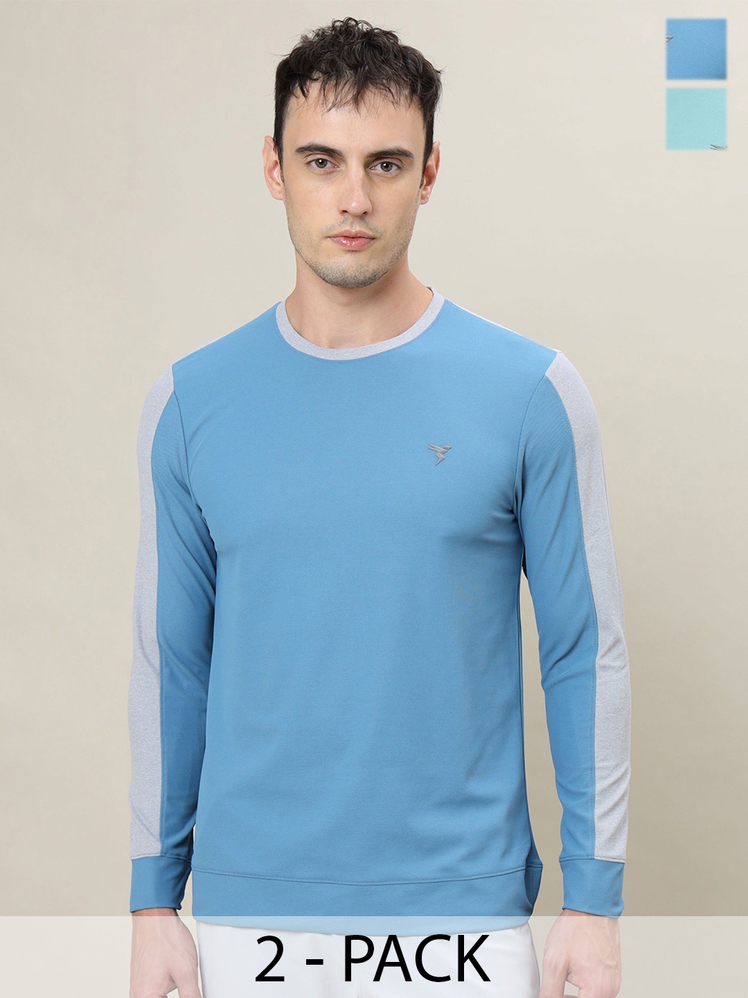 

Technosport Men Pack of 2 Colourblocked Antimicrobial Slim Fit Casual T-shirt, Blue