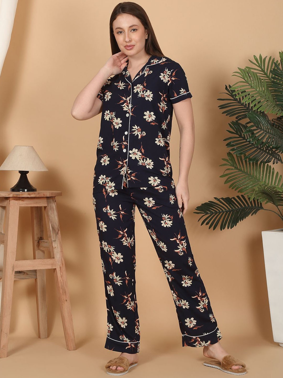 

Sweet Dreams Women Floral Printed Night suit, Navy blue