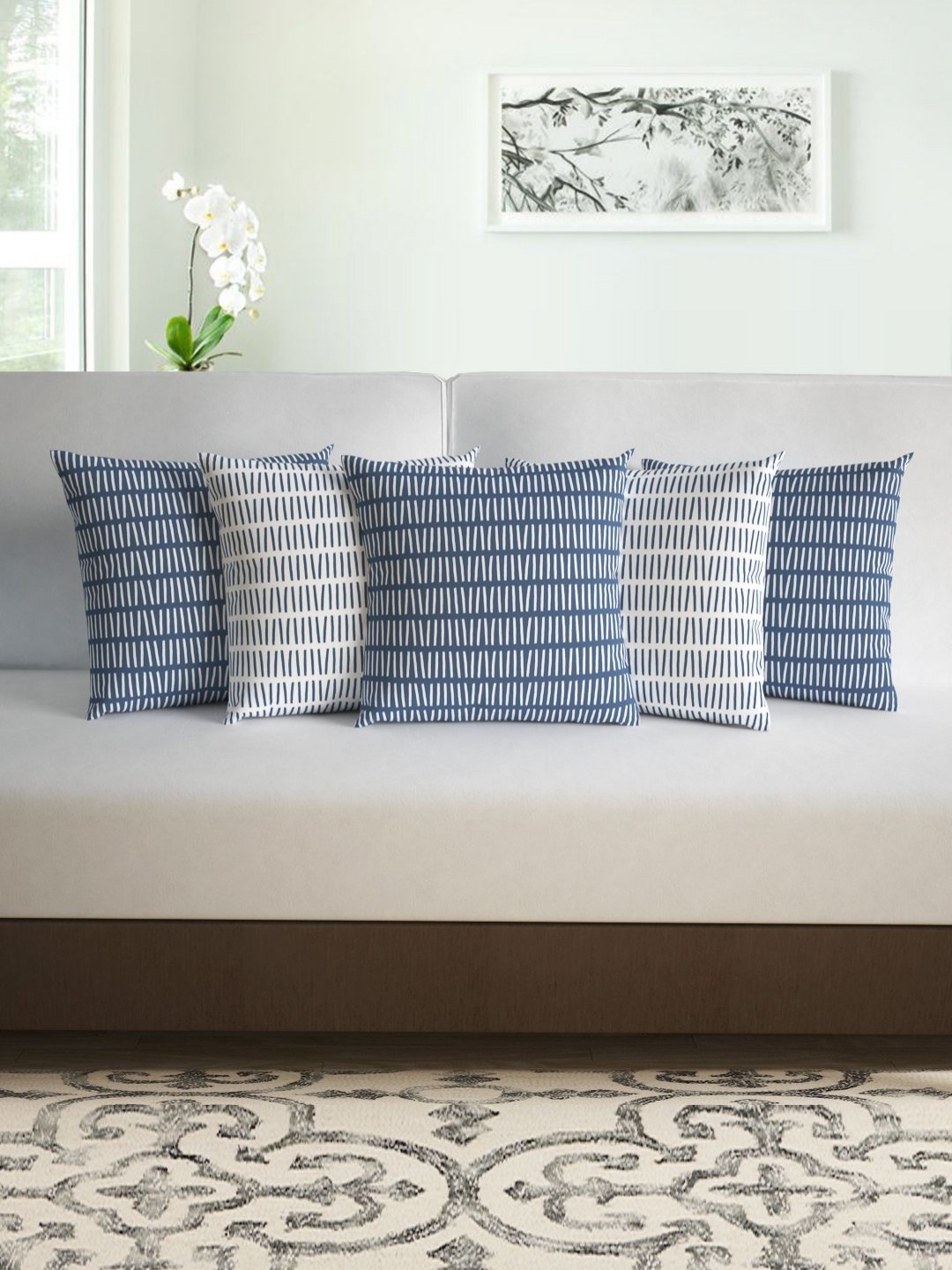 

Divine Casa Blue & White 5 Pieces Abstract Square Cushion Covers