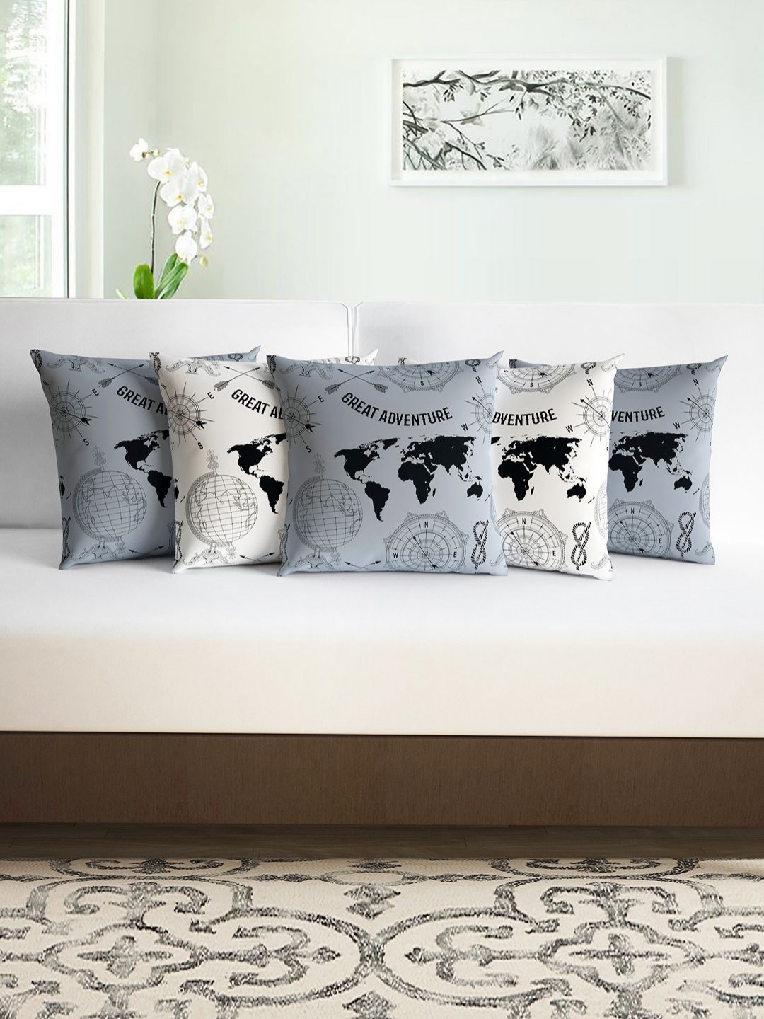

Divine Casa Grey & White 5 Pieces Abstract Square Cushion Covers