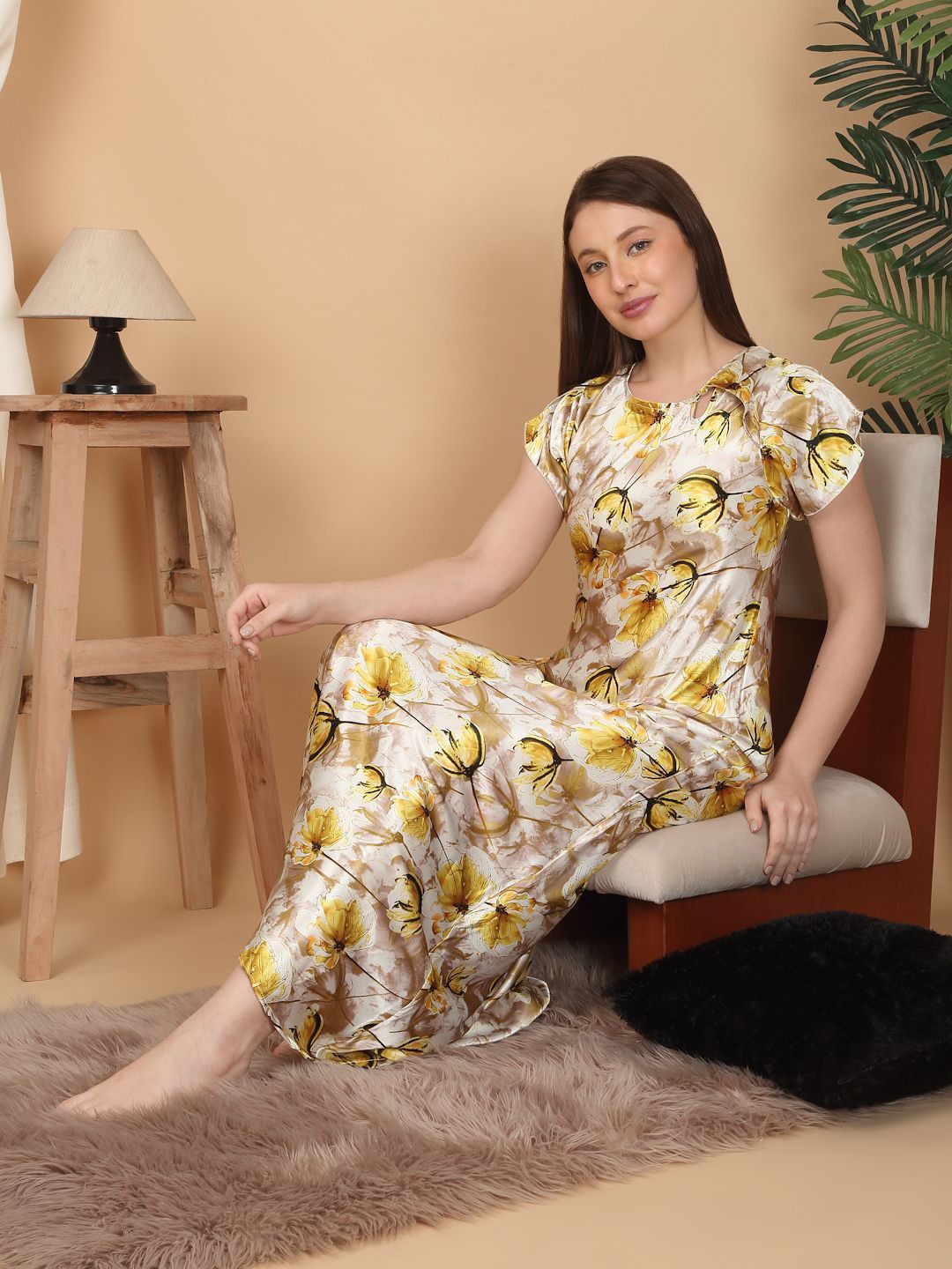 

Sweet Dreams Women Floral Printed Maxi Nightdress, Beige