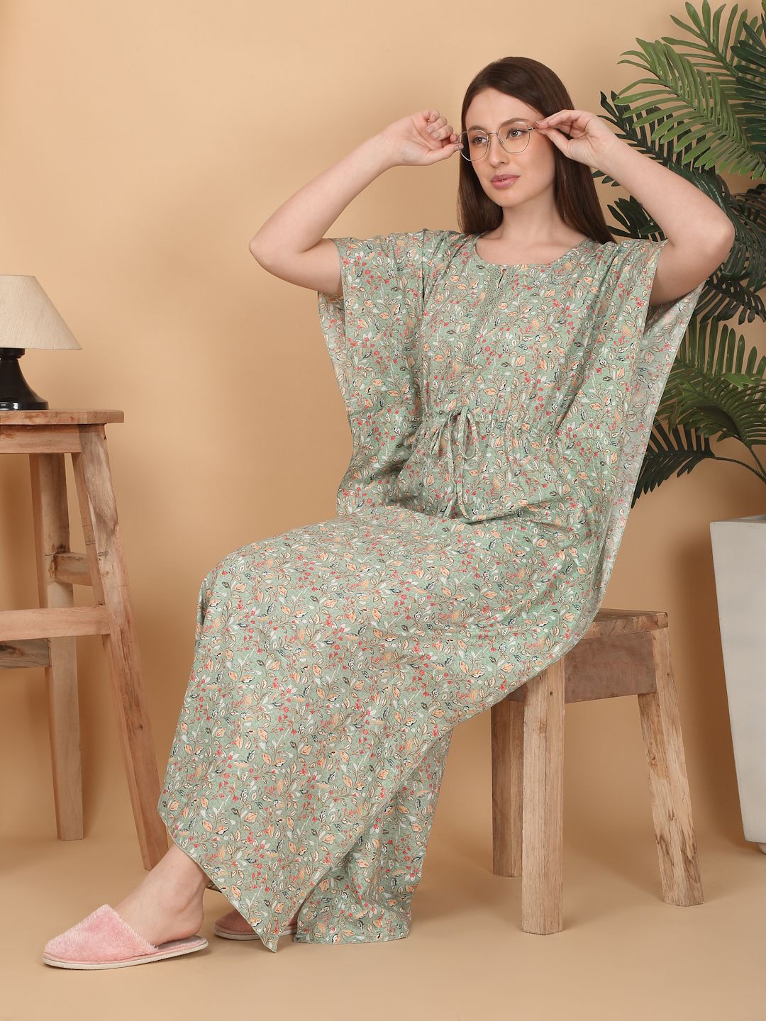 

Sweet Dreams Women Pure Cotton Printed Maxi Kaftan Nightdress, Green