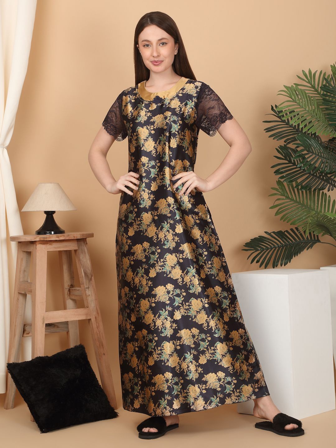 

Sweet Dreams Women Floral Printed Satin Maxi Nightdress, Black