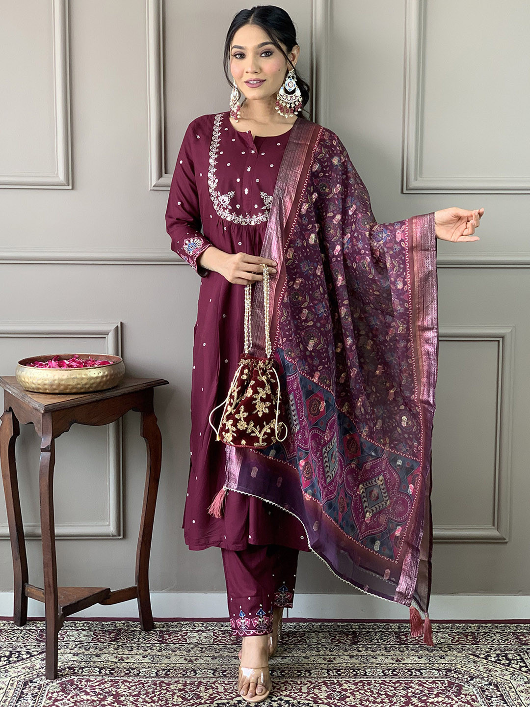 

Anouk Burgundy Floral Embroidered Notch-Neck Chanderi Cotton Kurta With Trousers & Dupatta