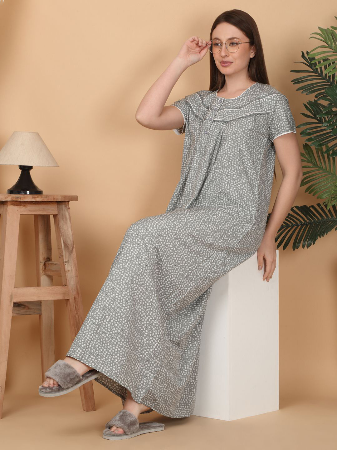 

Sweet Dreams Women Printed Round Neck Maxi Nightdress, Grey