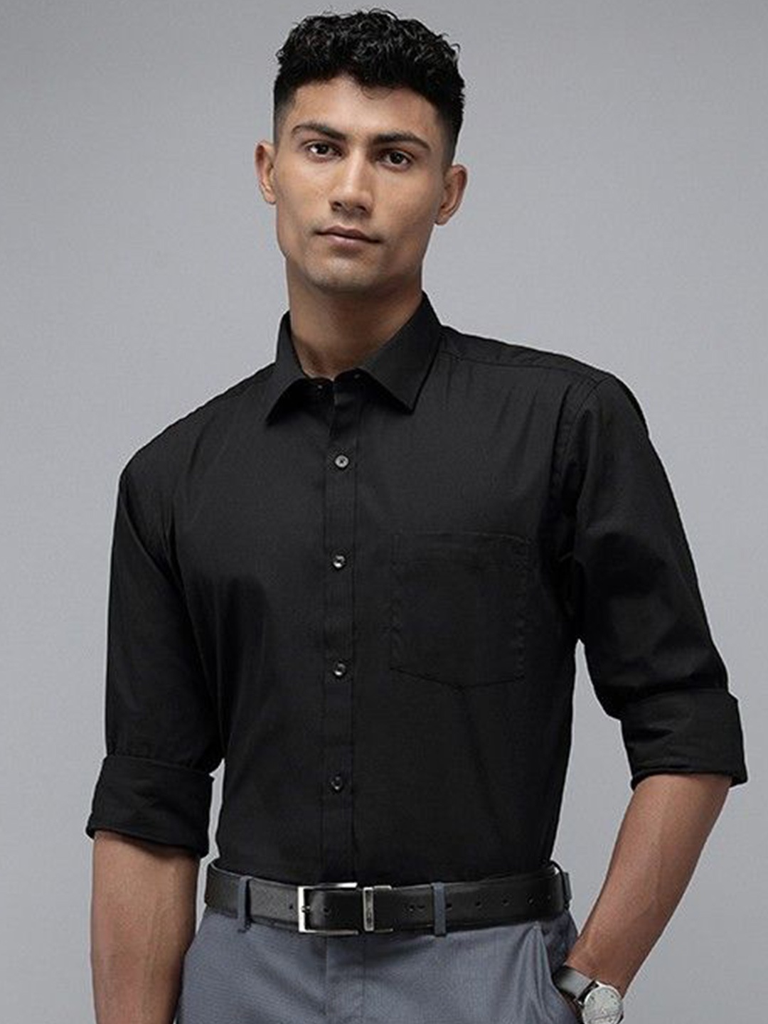 

Fab Star Men Spread Collar Solid Cotton Formal Shirt, Black