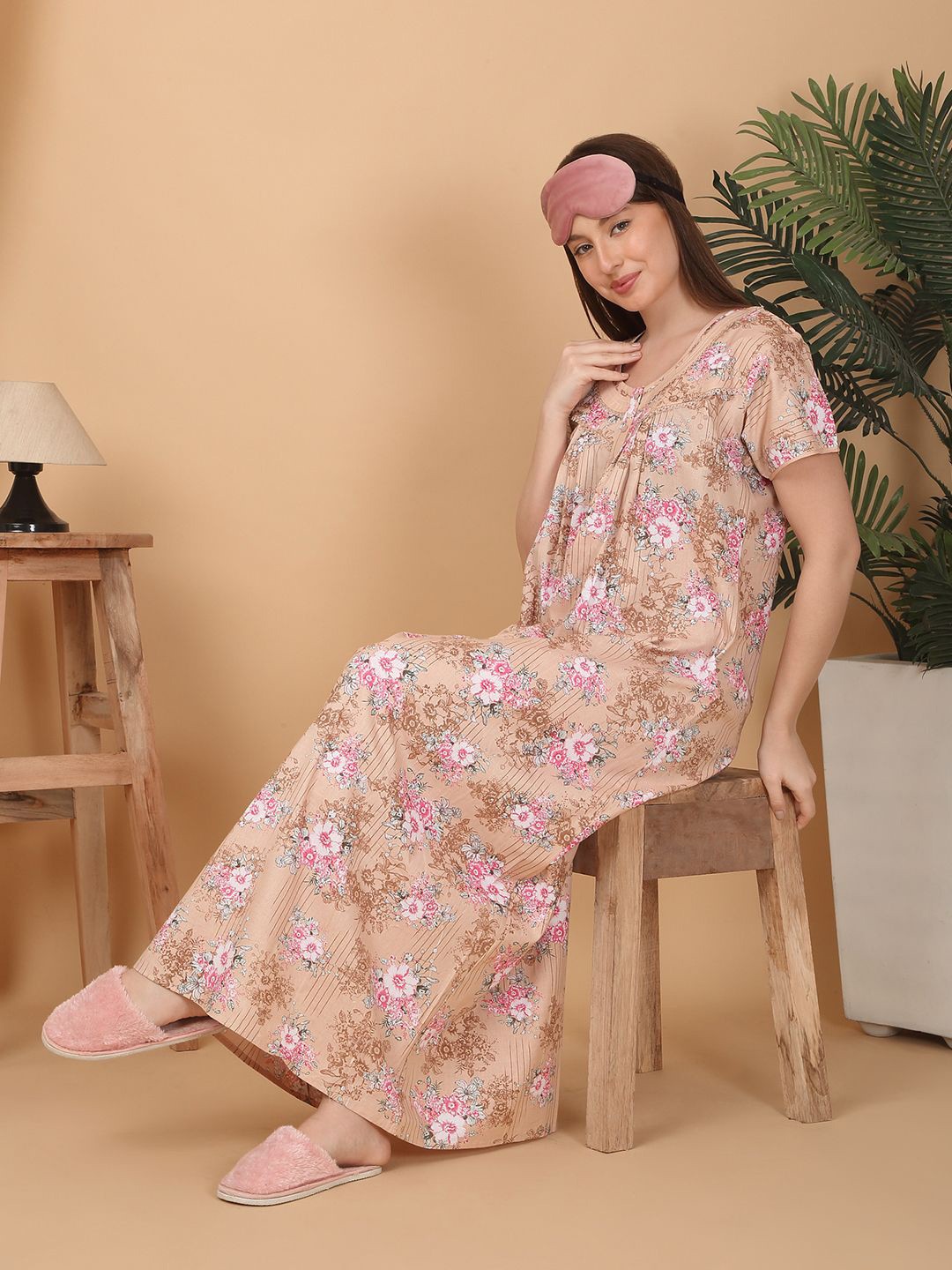

Sweet Dreams Women Printed Pure Cotton Maxi Nightdress, Beige
