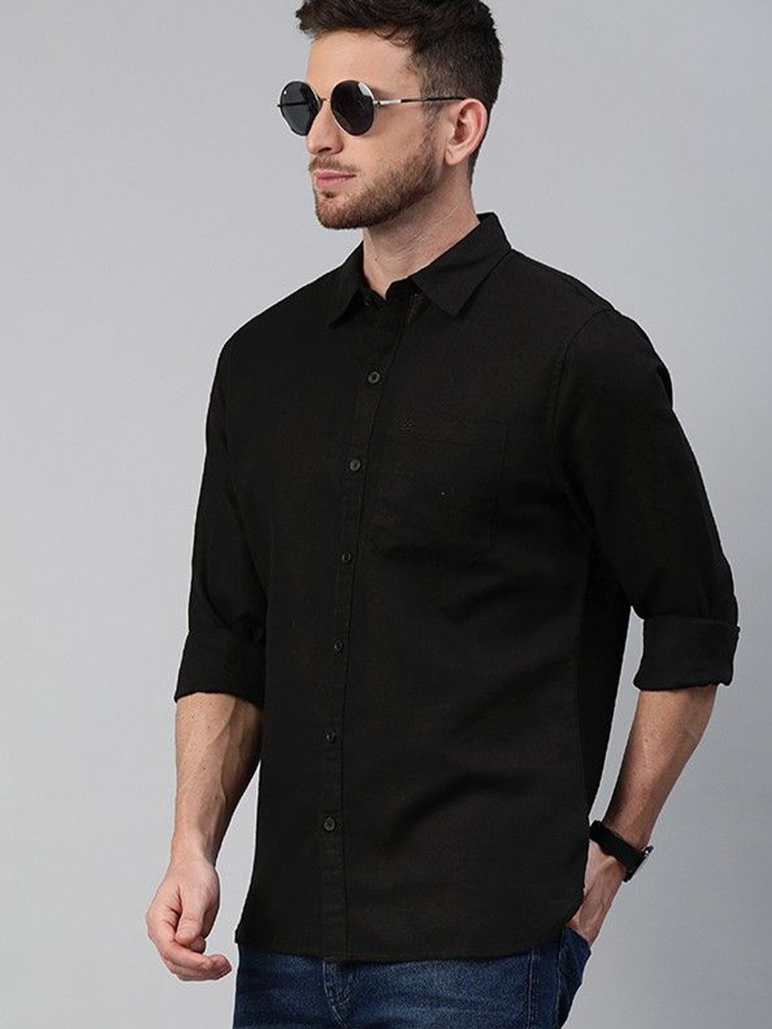 

Fab Star Men Spread Collar Solid Slim Fit Cotton Casual Shirt, Black