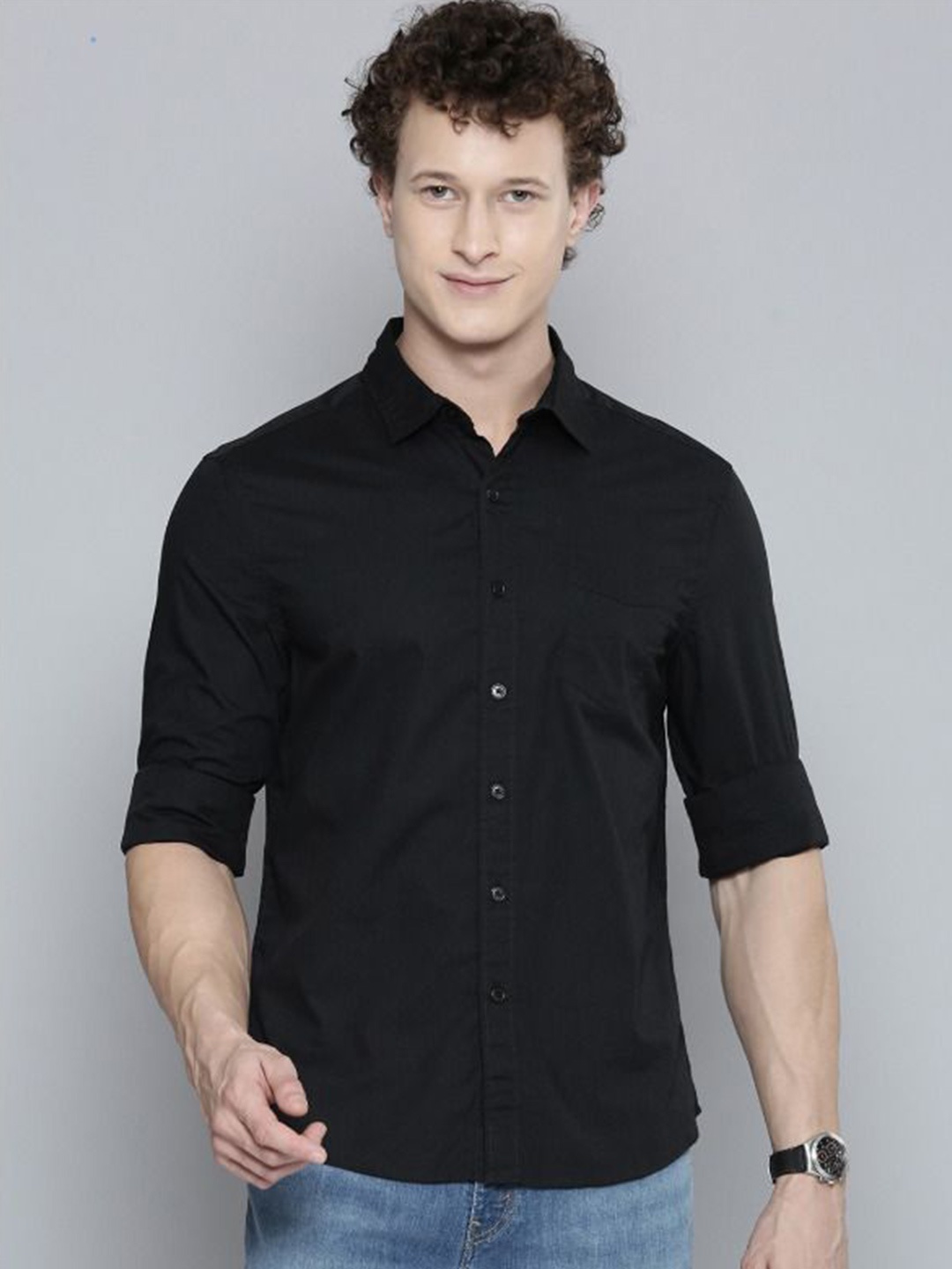 

Fab Star Men Spread Collar Solid Cotton Casual Shirt, Black