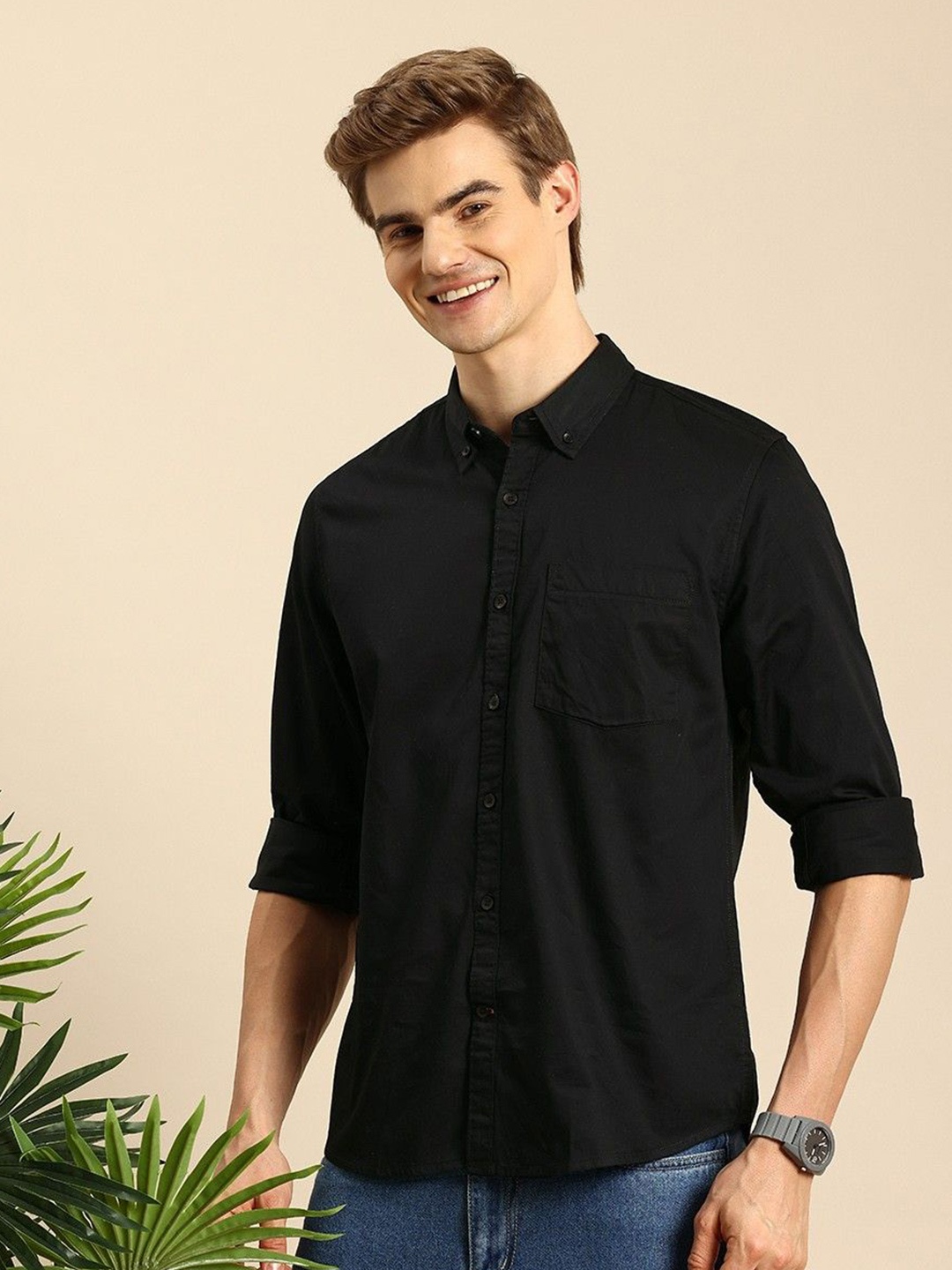 

Fab Star Men Button-Down Collar Solid Cotton Casual Shirt, Black