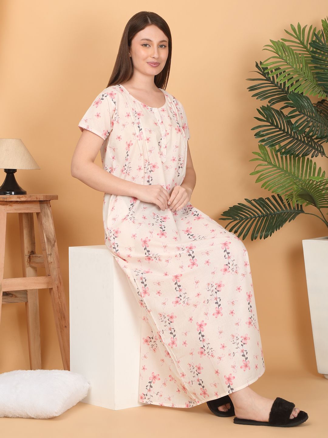 

Sweet Dreams Women Pure Cotton Floral Printed Maxi Nightdress, Pink