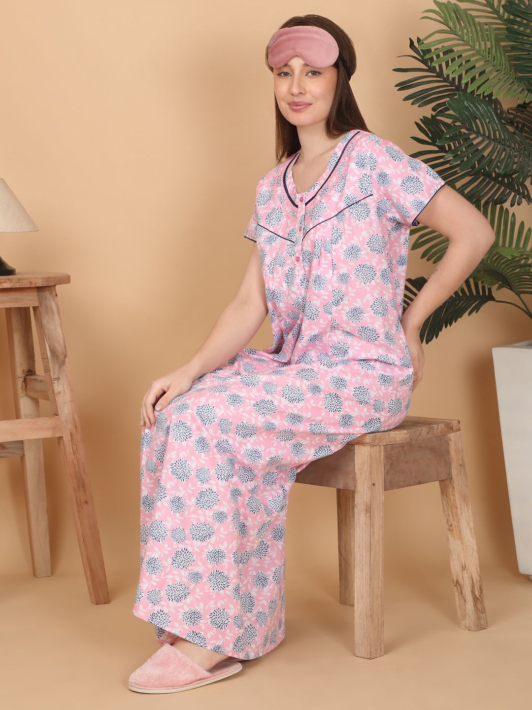 

Sweet Dreams Women Pure Cotton Floral Printed Maxi Nightdress, Pink