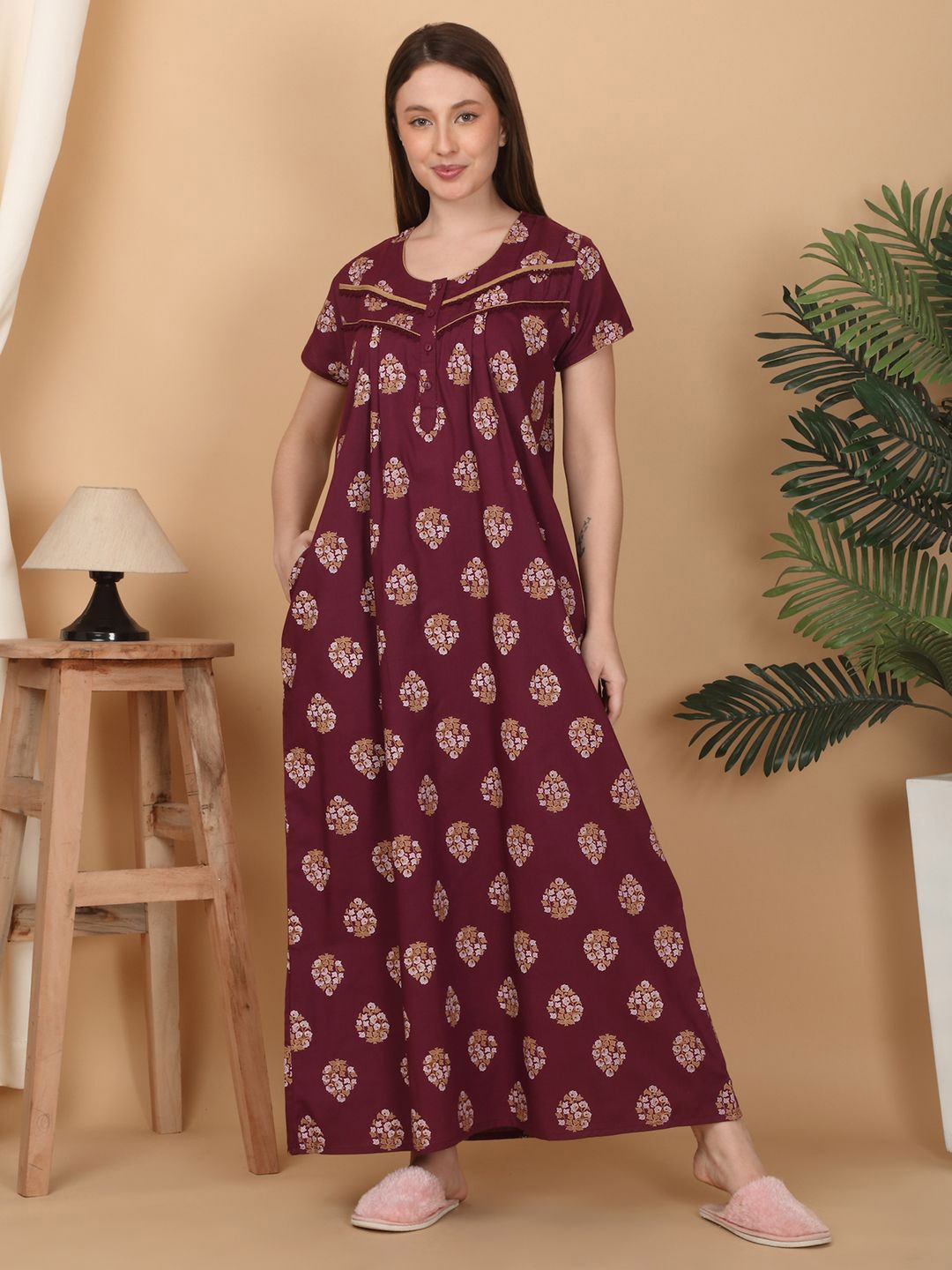 

Sweet Dreams Women Floral Printed Maxi Nightdress, Maroon