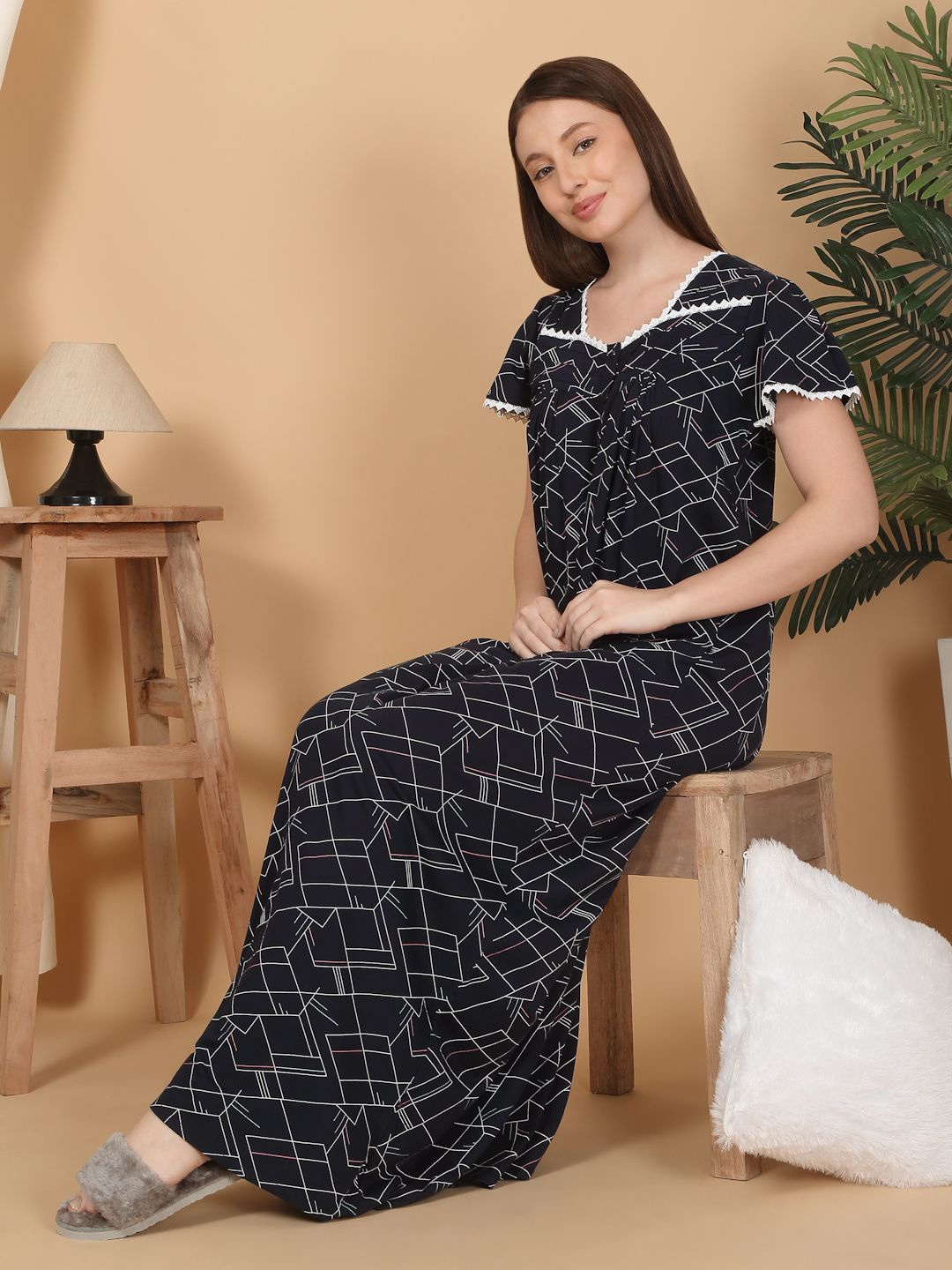 

Sweet Dreams Women Pure Cotton Printed Maxi Nightdress, Navy blue
