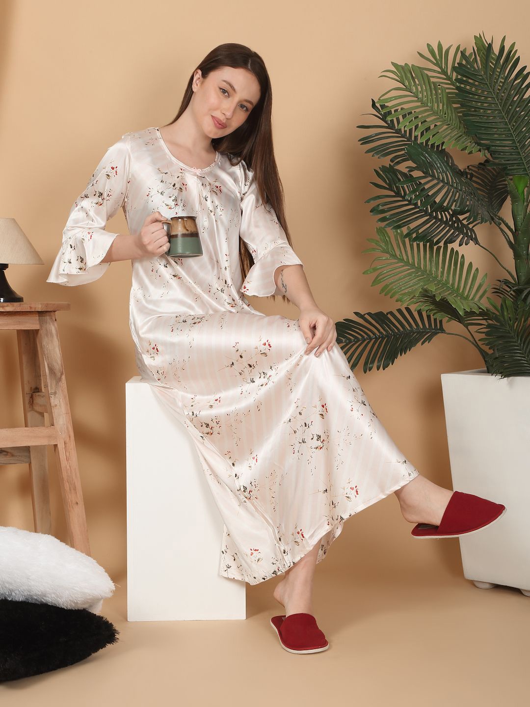 

Sweet Dreams Women Floral Printed Satin Maxi Nightdress, Pink