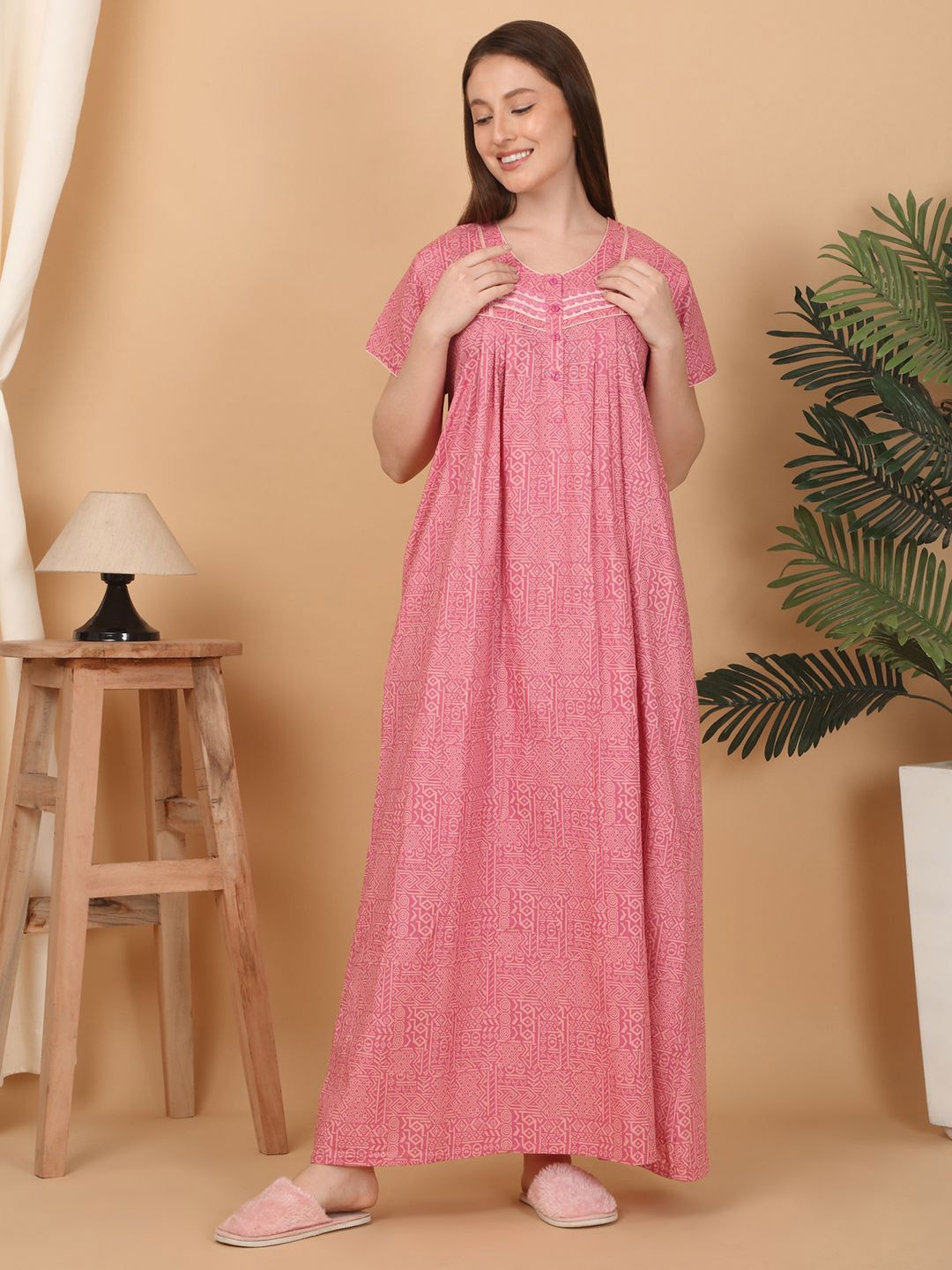 

Sweet Dreams Women Pure Cotton Printed Maxi Nightdress, Pink