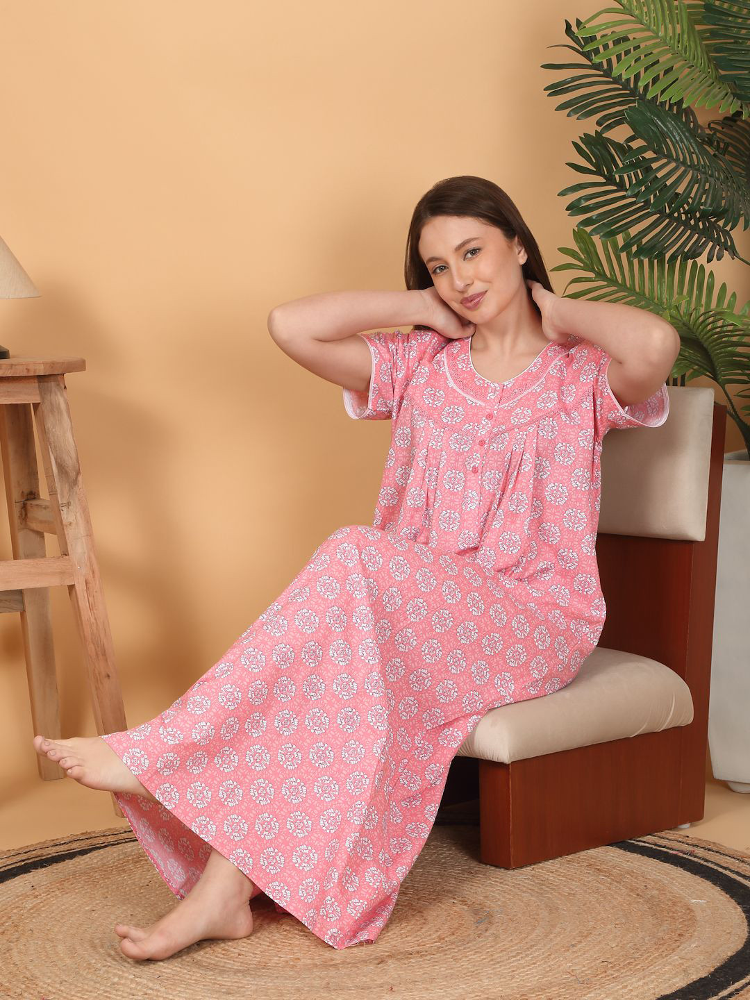 

Sweet Dreams Women Printed Maxi Nightdress, Peach