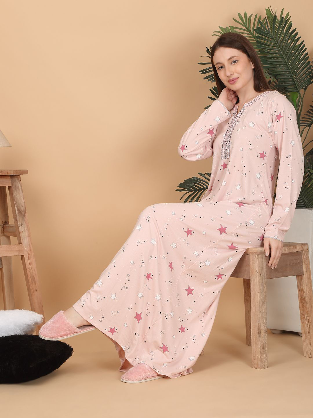 

Sweet Dreams Women Printed Maxi Nightdress, Peach