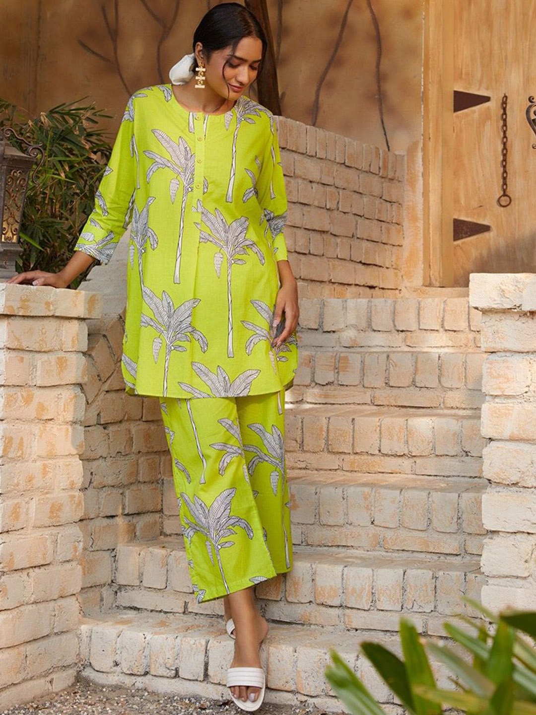 

Royal Export Floral Printed A Line Tunic With Trousers, Green