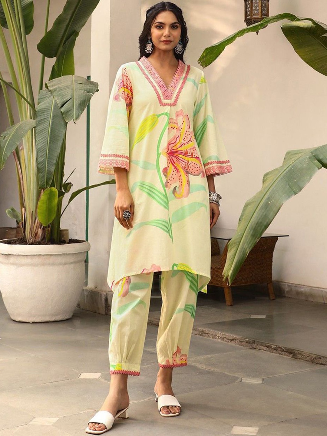 

Royal Export Floral Printed A Line Tunic With Trousers, Cream