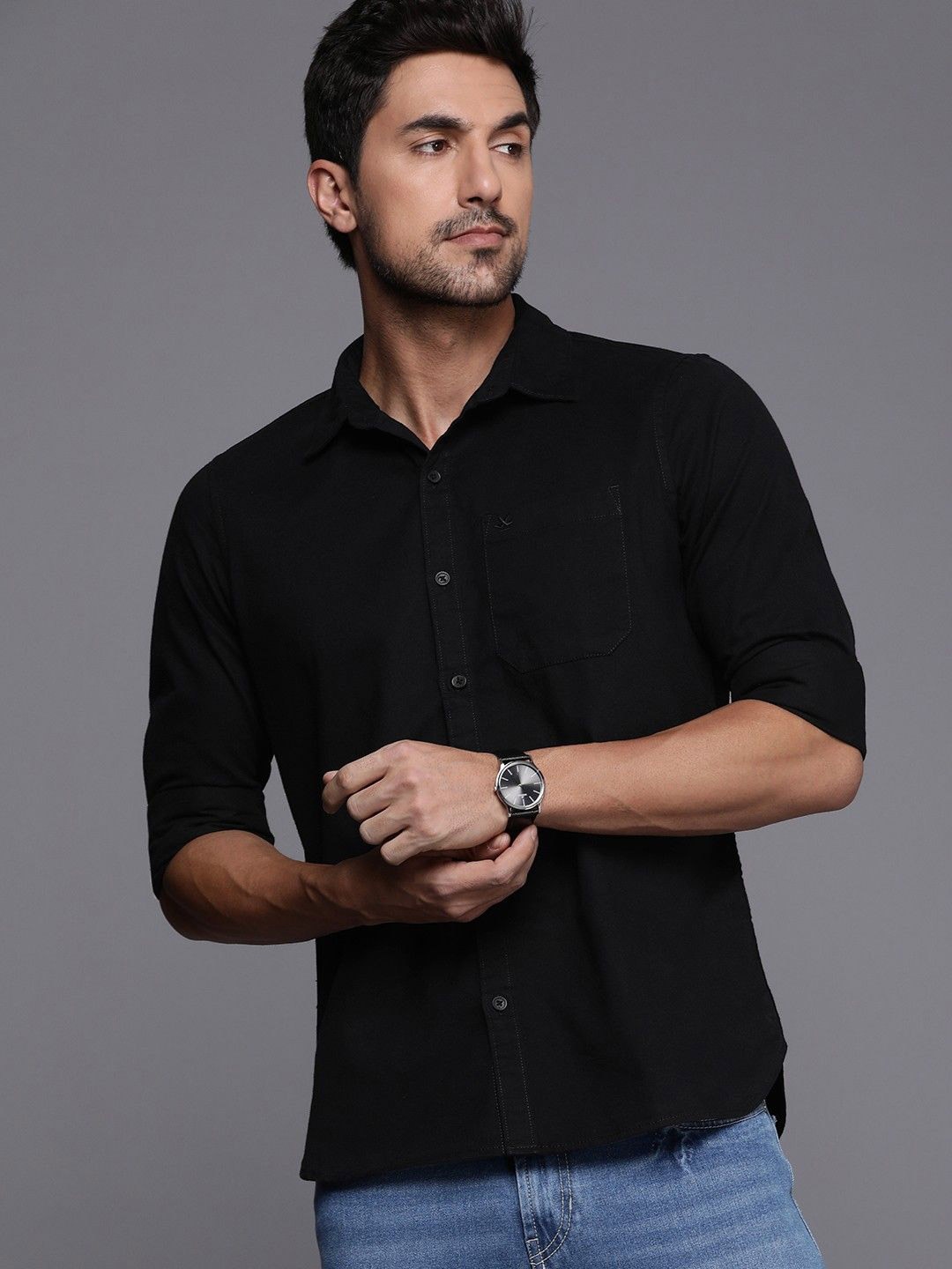 

Fab Star Men Spread Collar Solid Cotton Casual Shirt, Black