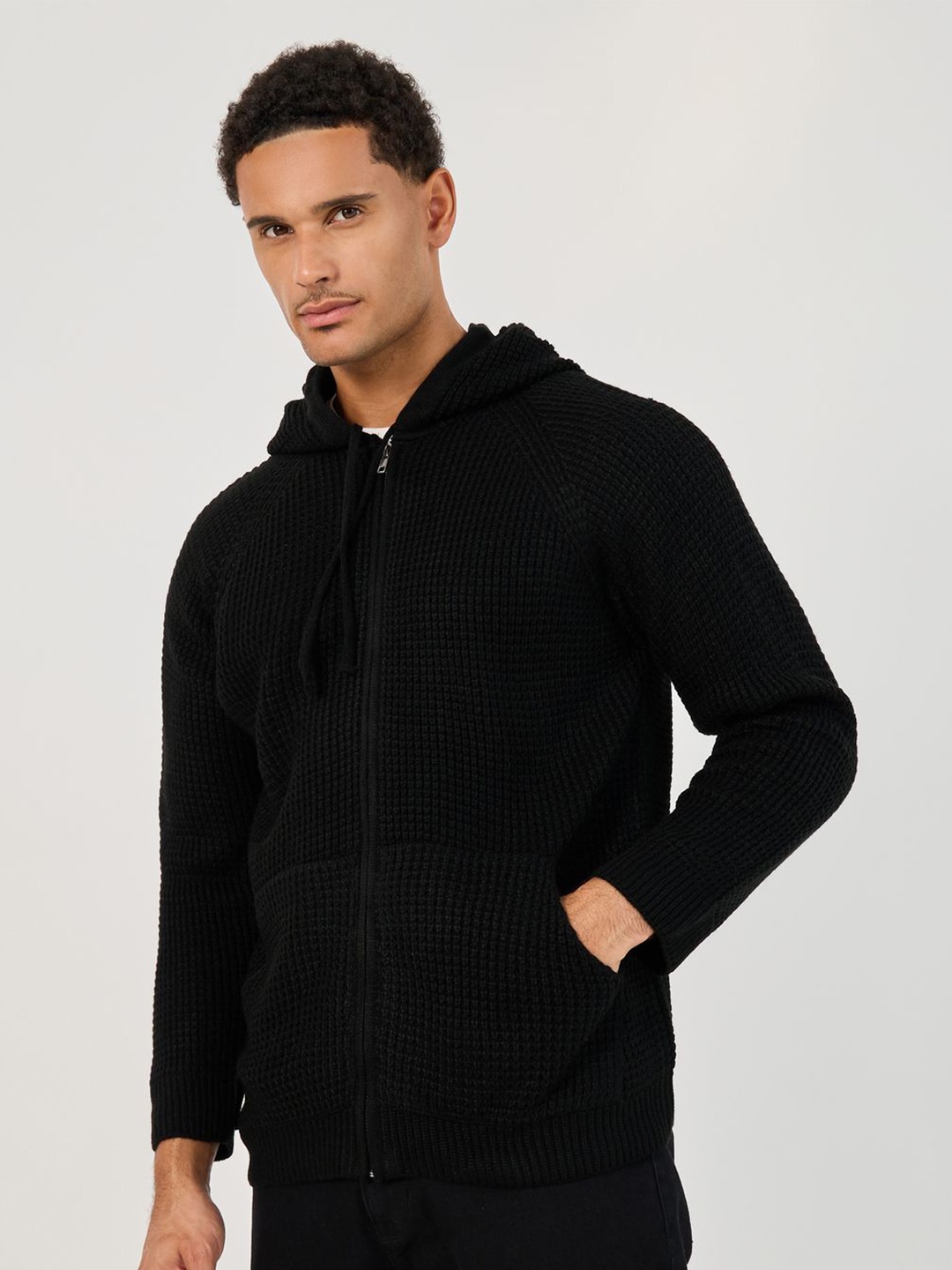 

Styli Men Waffle Textured Zipper Hooded Sweater, Black