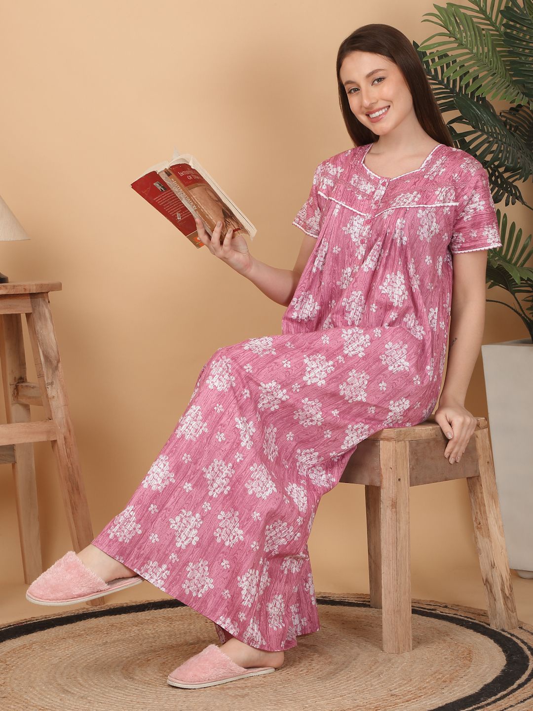 

Sweet Dreams Women Printed Maxi Nightdress, Rose