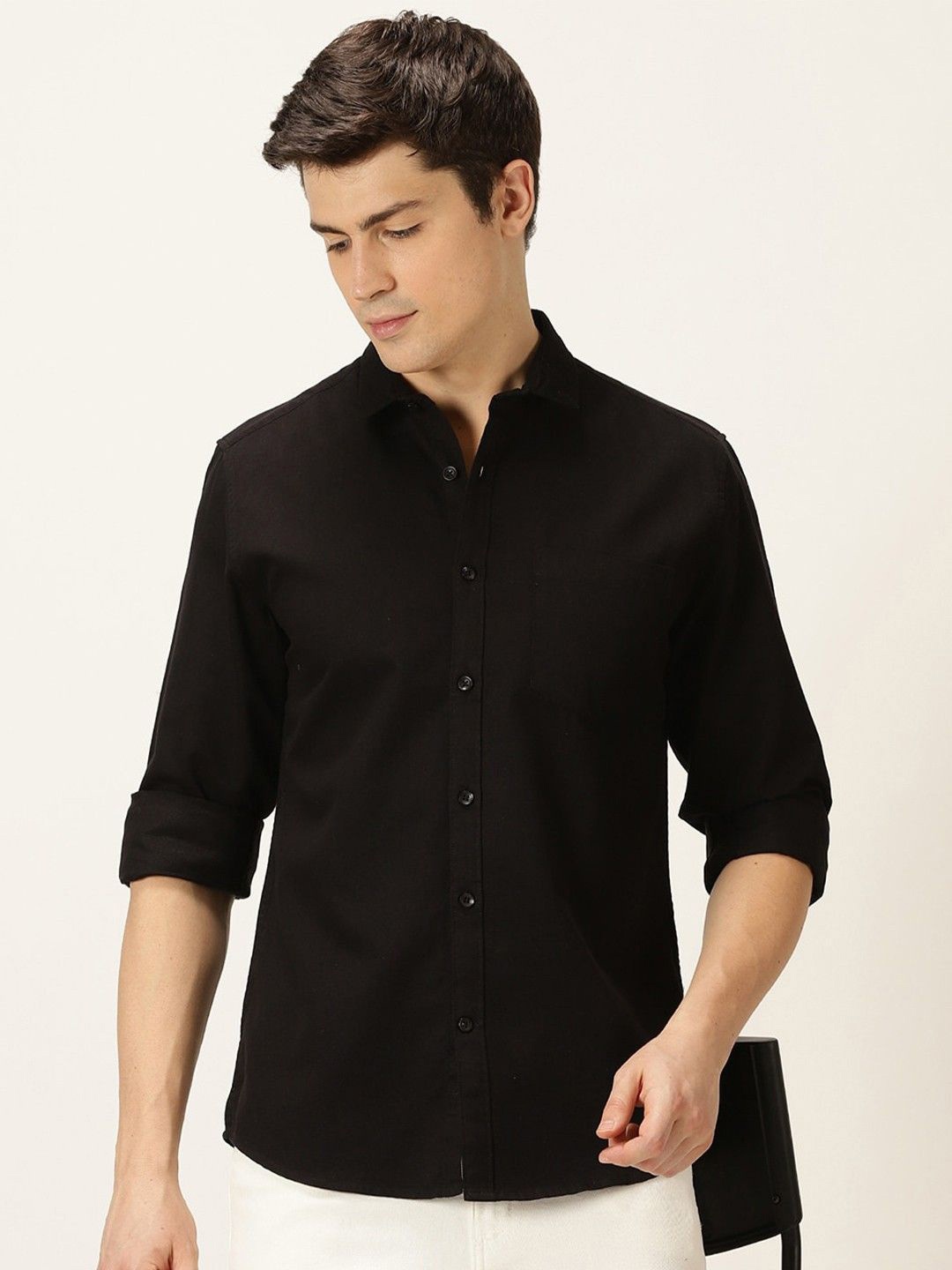 

Fab Star Men Spread Collar Solid Cotton Casual Shirt, Black