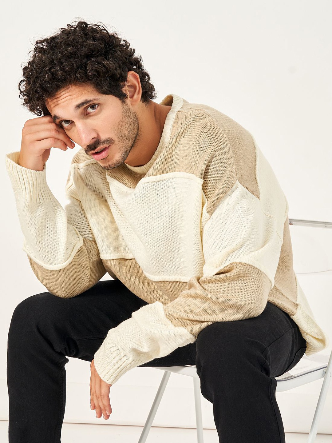 

Styli Men Tonal Color blocked Oversized Fit Crew Neck Sweater, Cream