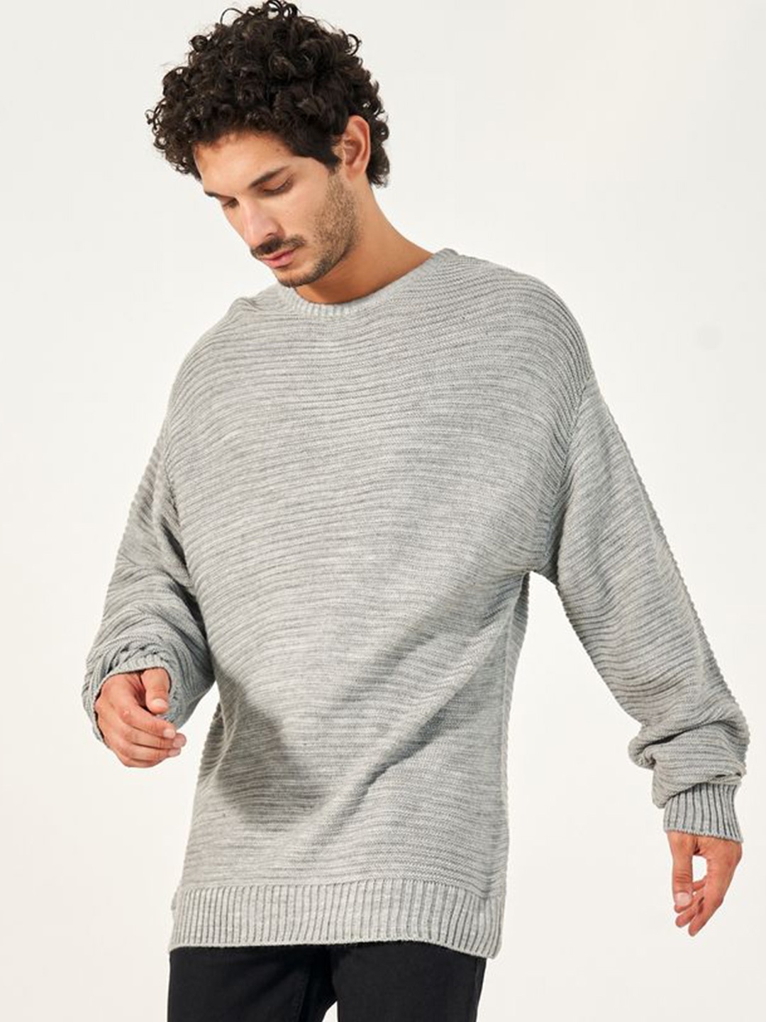 

Styli Men Waffle Textured Relaxed Fit Crew Neck Sweater, Grey