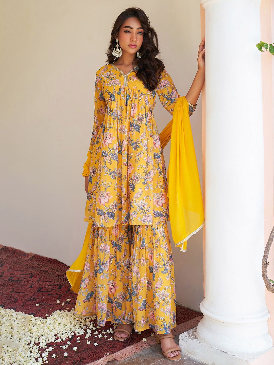 Janasya Women Floral Printed Regular Gotta Patti Georgette Kurta With Sharara & Dupatta, Yellow