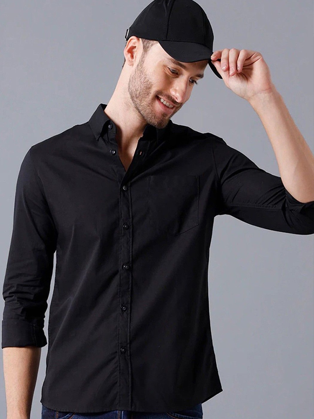 

Fab Star Men Spread Collar Solid Cotton Casual Shirt, Black