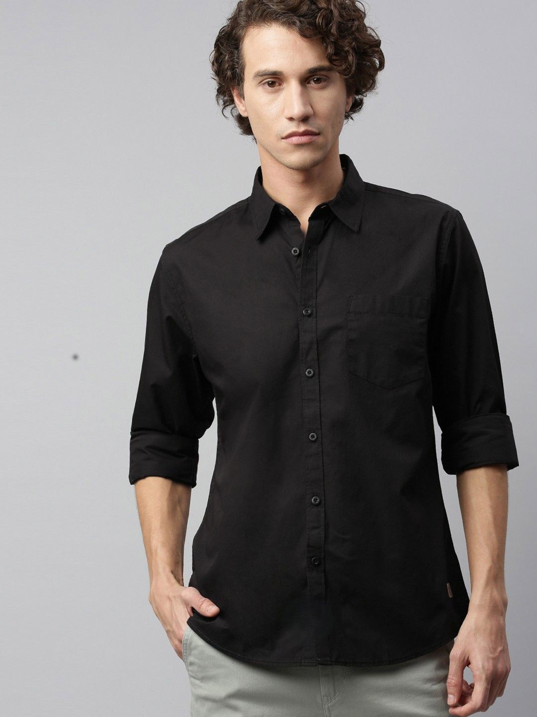 

Fab Star Men Spread Collar Solid Cotton Casual Shirt, Black