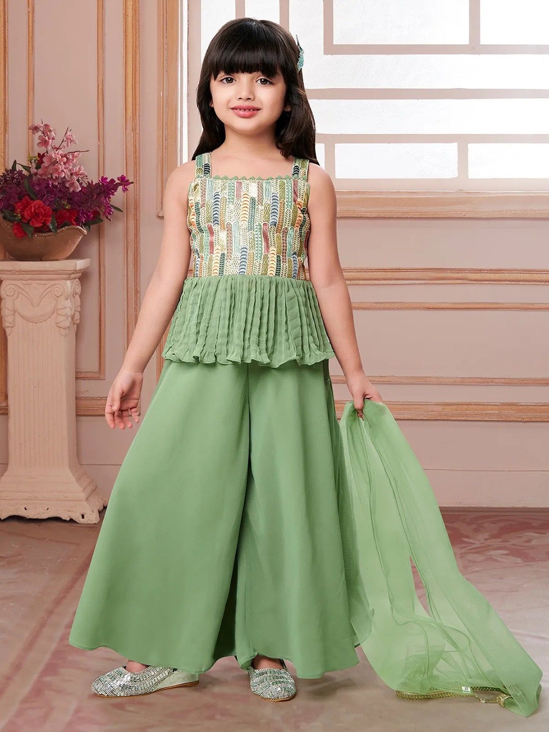 

BAESD Sasha Girls Geometric Embroidered Shoulder Straps Beads And Stones A-Line Kurta Set, Green