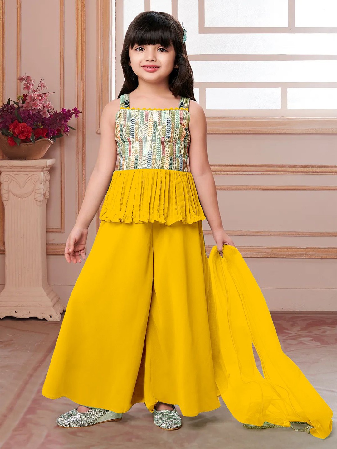 

BAESD Sasha Girls Geometric Embroidered Shoulder Straps Beads And Stones A-Line Kurta Set, Yellow