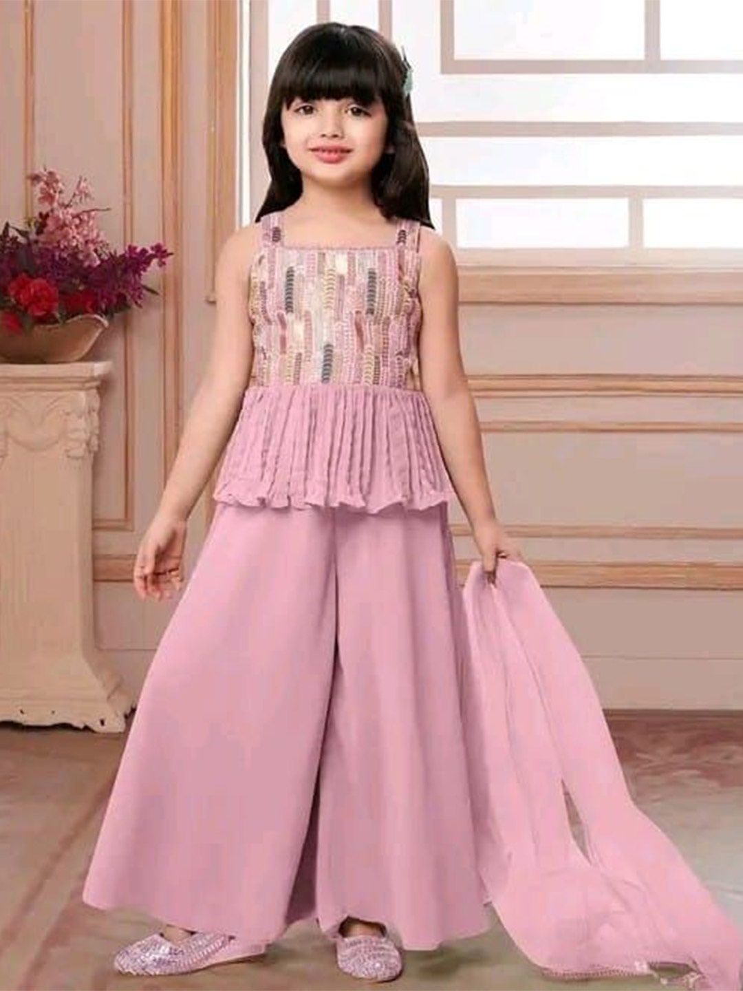 

BAESD Sasha Girls Geometric Embroidered Shoulder straps Beads And Stones A-Line Kurta Set, Pink