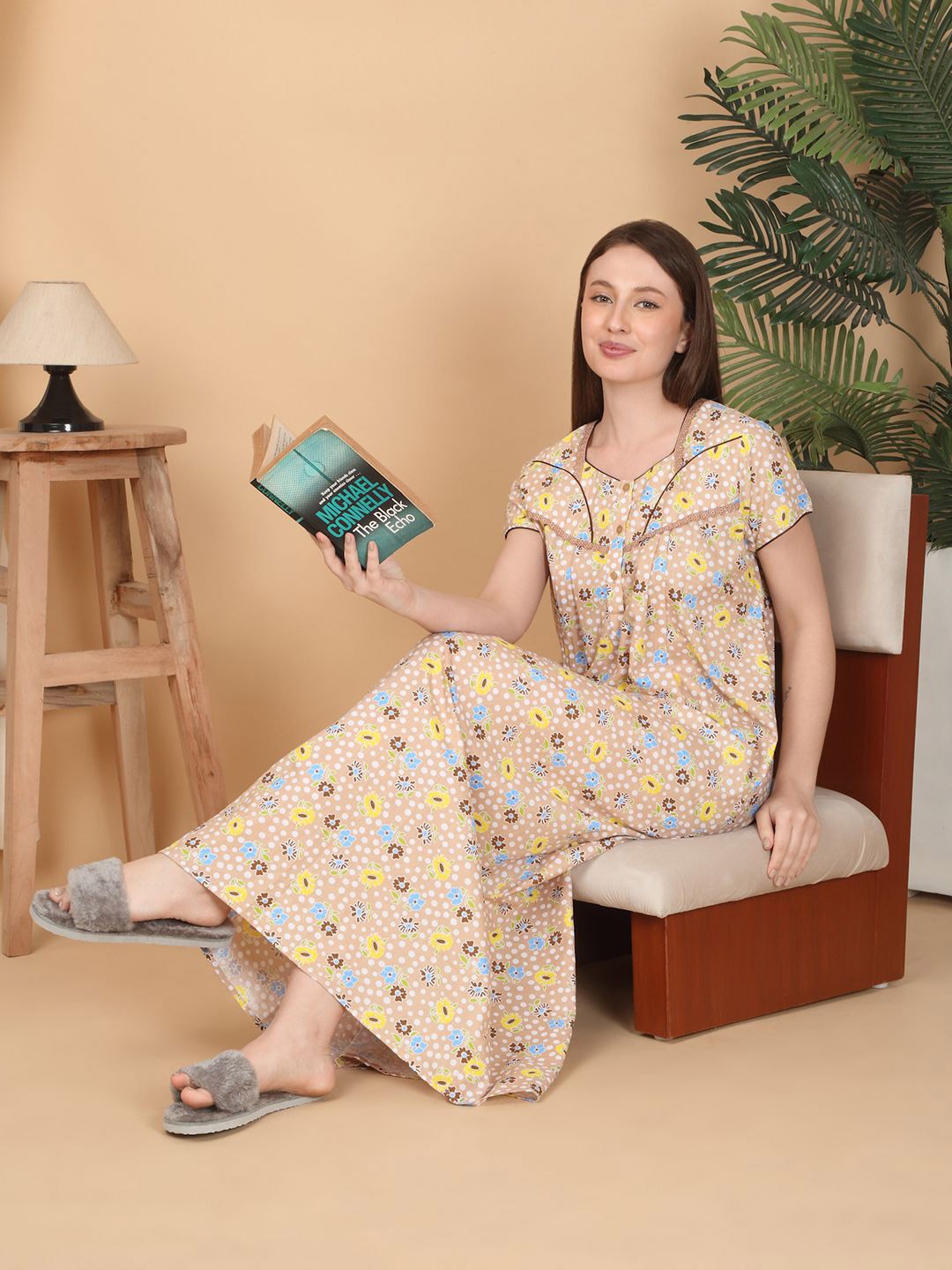 

Sweet Dreams Women Printed Maxi Nightdress, Beige