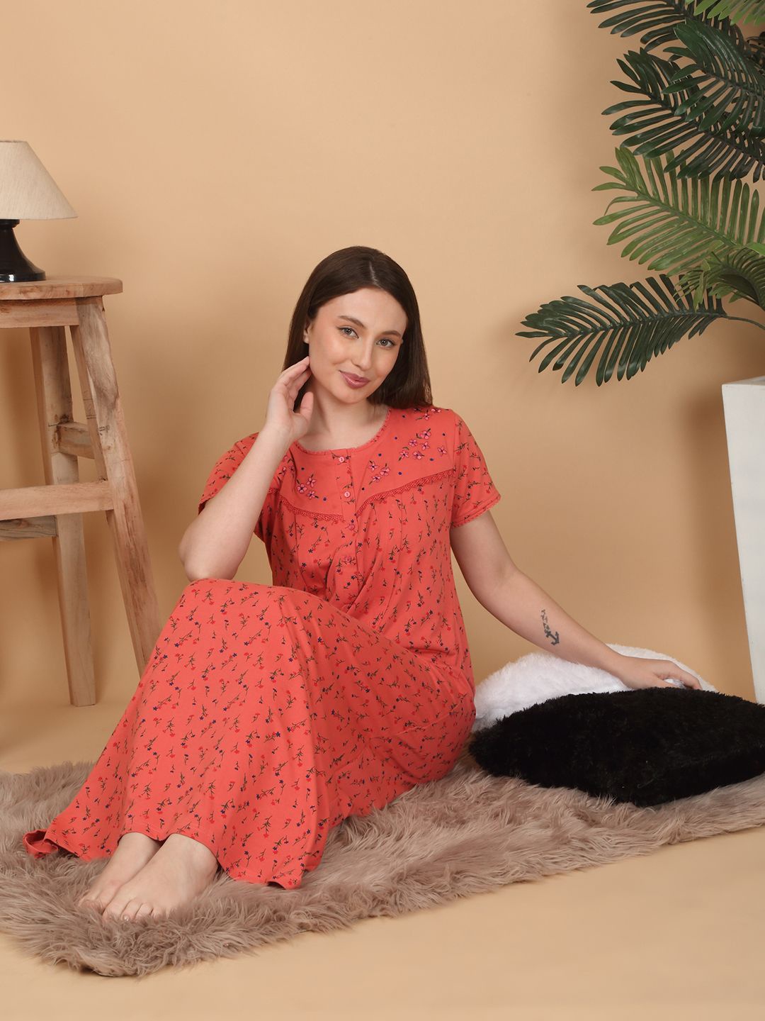 

Sweet Dreams Women Printed Pure Cotton Maxi Nightdress, Orange