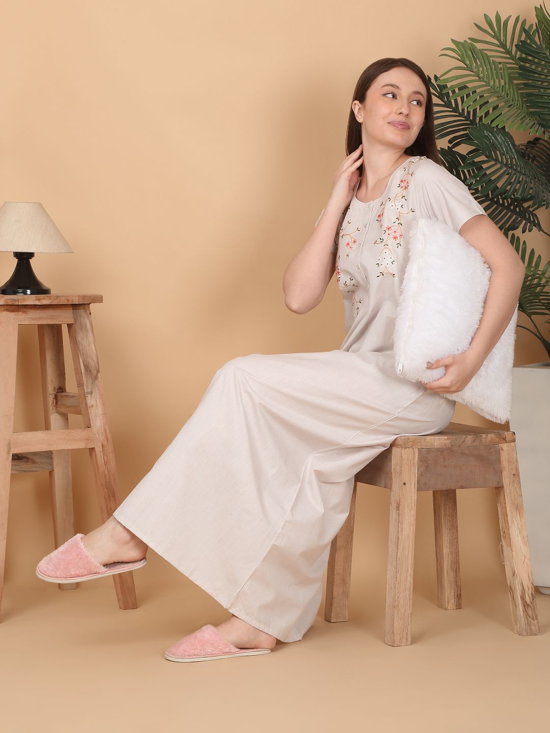 

Sweet Dreams Women Embroidered Maxi Nightdress, Beige