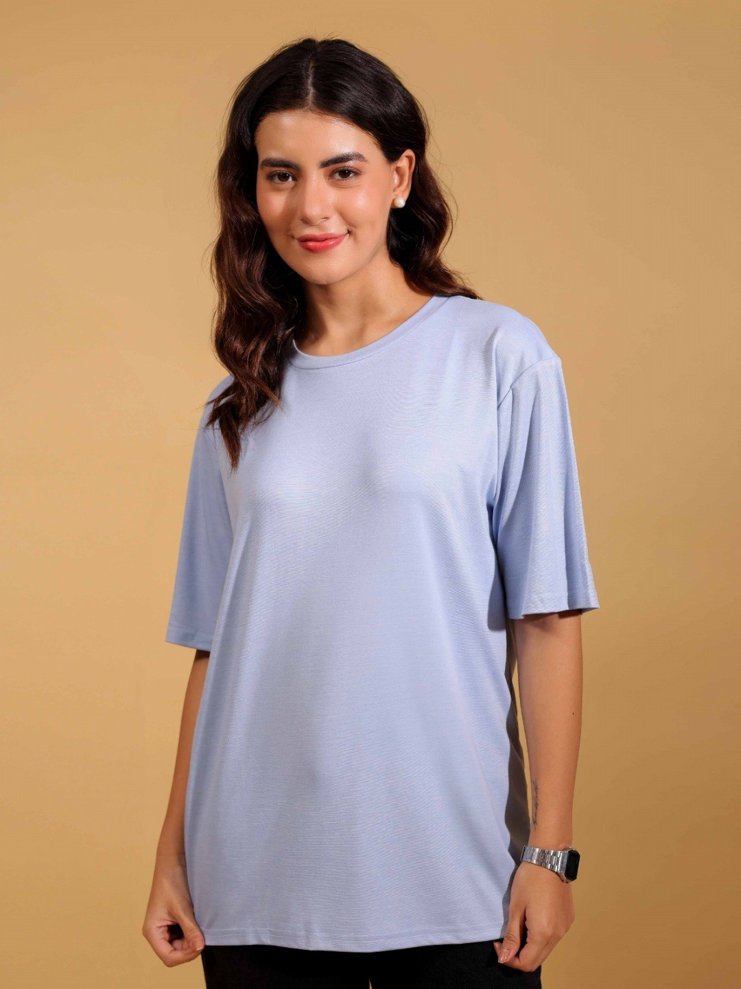 

BEOM Women Solid Round Neck Cotton Oversized T-shirt, Blue