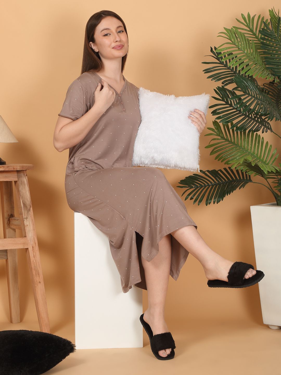 

Sweet Dreams Women Printed Nightdress, Taupe